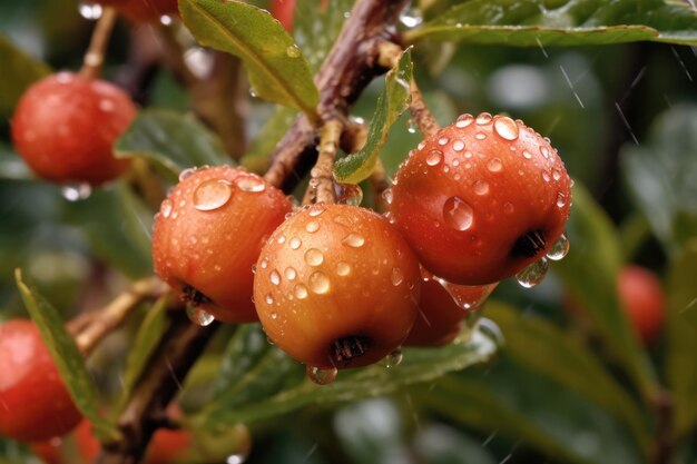 fresh pome fruit on the green foliage background