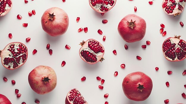 Photo fresh pomegranate creative layout isolated on white background healthy eating and di generative ai