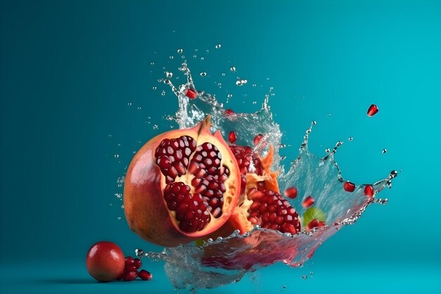 Fresh pomegranate flying with water splashes on bright color background