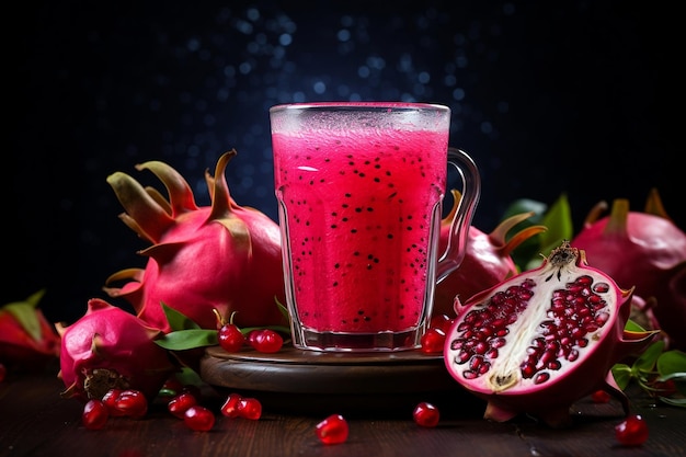 Fresh pomegranate juice with pomegranate fruit background