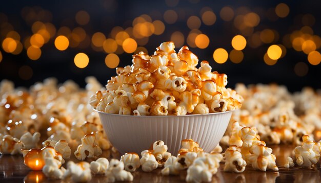 Fresh popcorn candy and butter perfect movie night snacks generated by AI