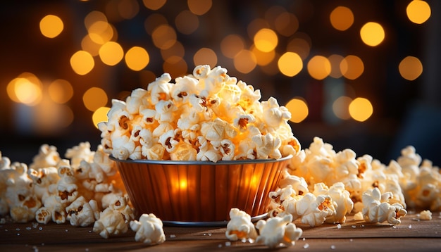 Photo fresh popcorn sweet candy and a glowing movie screen generated by ai