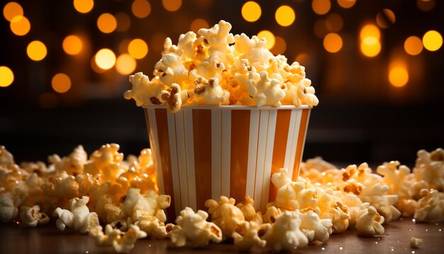 Foto dolci dolci di popcorn freschi e bevande rinfrescanti al cinema generati dall'ai