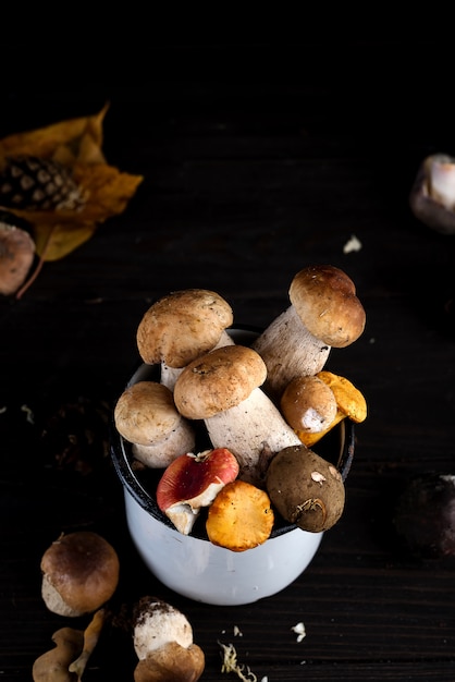 Fresh porcini mushrooms in metal cup on rustic wooden backgroun