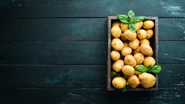 Fresh potatoes in the box Organic food Top view Free space for text