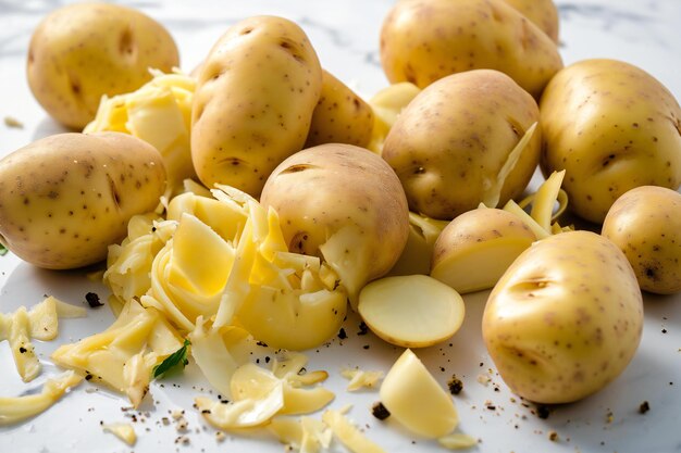 Photo fresh potatoes and grated cheese on white marble background selective focus