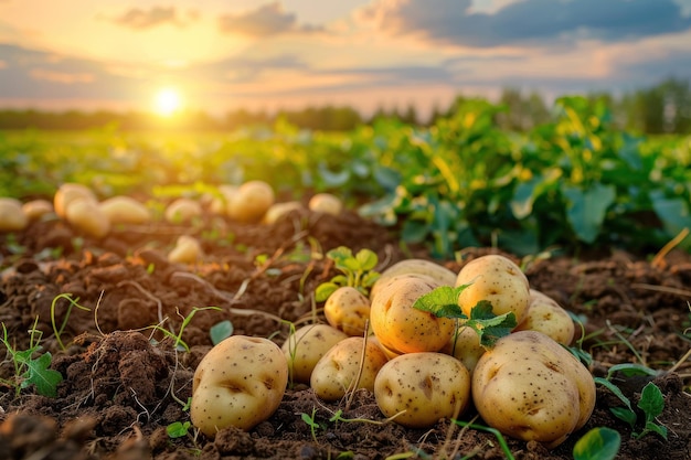 Fresh potatoes messy from ground on farm field with sunset