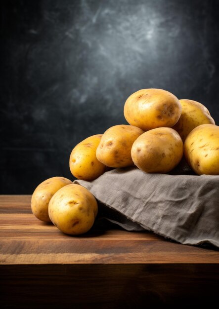 Fresh potatoes on a wooden board on a dark background Generative AI