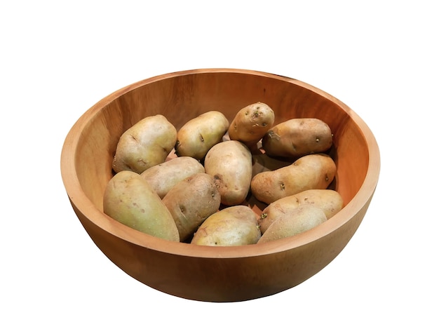 Fresh potatoes in wooden bowl isolated on white background.