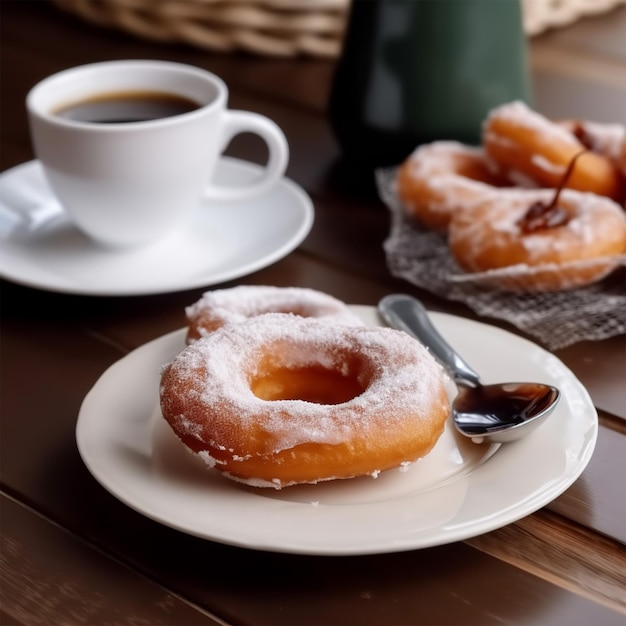 Photo fresh powdered sugar donuts with chocolate and cup of tea