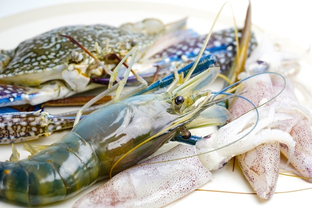 Fresh Prawn or River Shrimp, Crab and Squid: ingredient of delicious seafood for cooking.