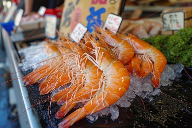 Fresh Prawns on Ice at Seafood Market with AI generated