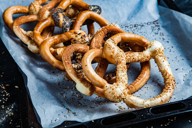 Fresh prepared homemade soft pretzels.