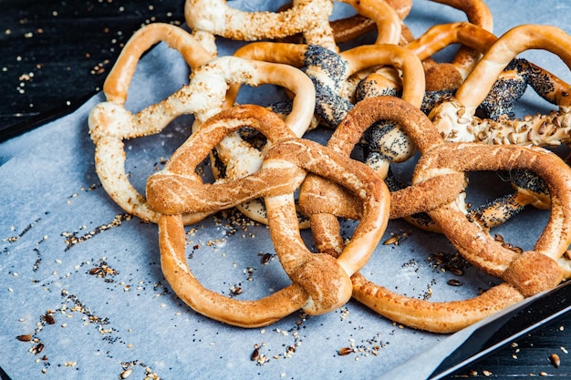 Fresh prepared homemade soft pretzels.