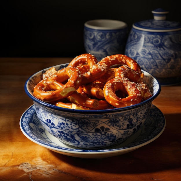 Fresh pretzels in the bowl on the table Generative AI