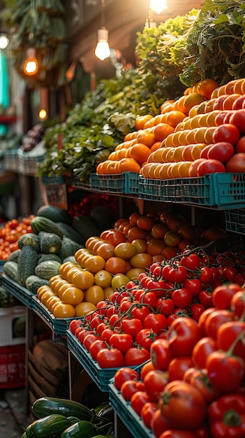 Fresh produce awaiting shoppers at a local farmers market a blur of colors from fruits and