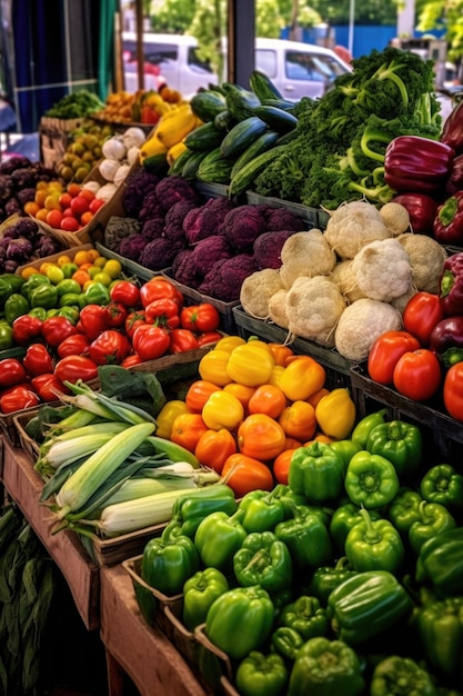 Fresh produce display at a local farmers market created with generative ai
