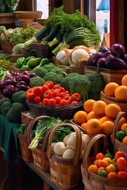 Fresh produce display at a local farmers market created with generative ai