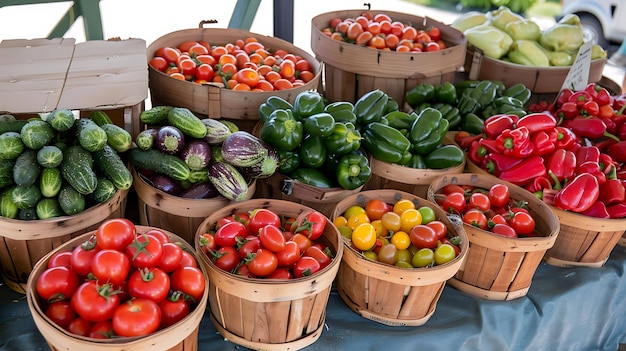 Photo fresh produce from the farmers market including tomatoes peppers cucumbers and eggplants in wooden baskets