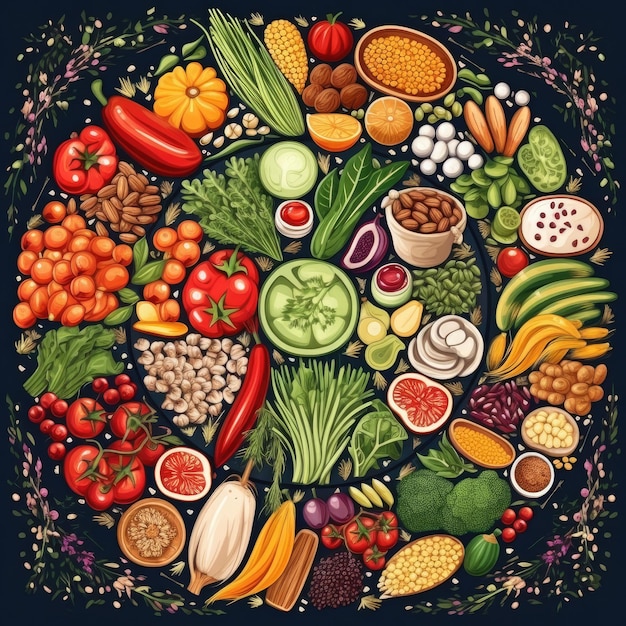 Свежие продукты, зелень, бобовые, семена и орехи для здоровья Иллюстрация Генеративный AI