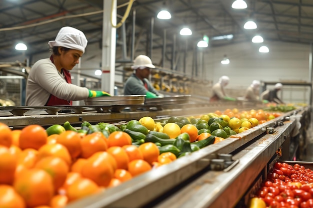 Foto i lavoratori degli impianti di imballaggio dei prodotti freschi si occupano del lavaggio, della selezione e dell'imballaggio di frutta e verdura.