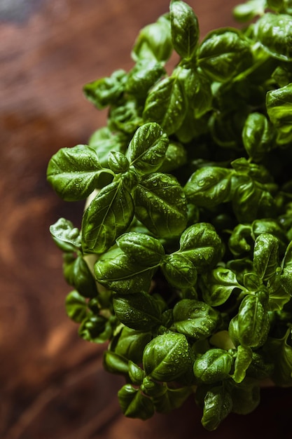 Fotografia di prodotti freschi basil in una pentola sul tavolo di legno