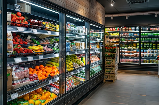 Photo fresh produce on supermarket shelves refrigerated display