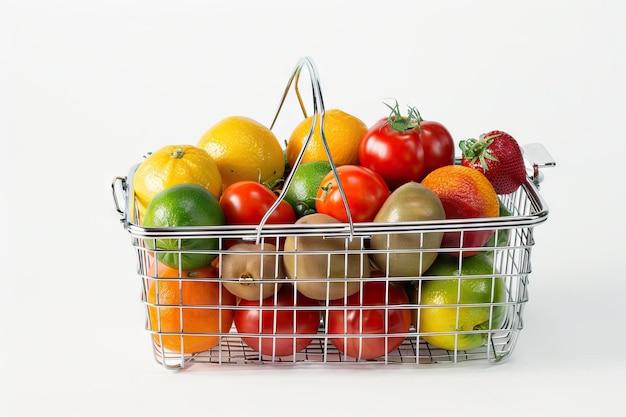 Fresh produce in wire shopping basket on white background