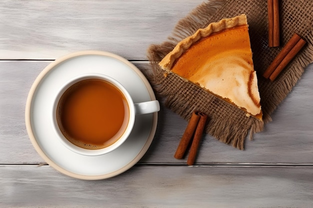 Fresh pumpkin pie and a cup of coffee on the wooden background