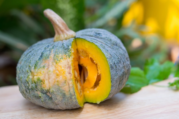 fresh pumpkin on wooden table