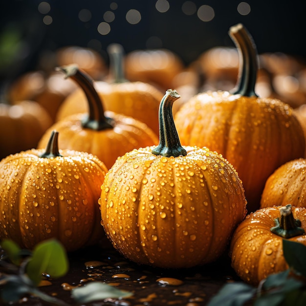 Fresh Pumpkins with Blurry Lights Background Generative AI