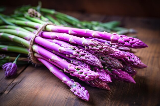 Fresh purple asparagus over wooden background