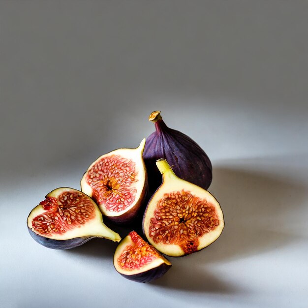 Fresh purple fig fruit and slices with leaf isolated on white background