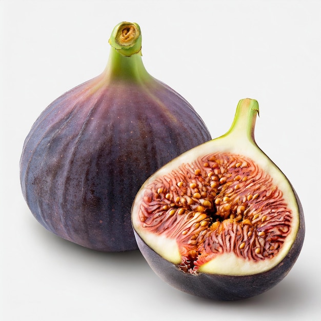 Fresh purple fig fruit and slices with leaf isolated on white background