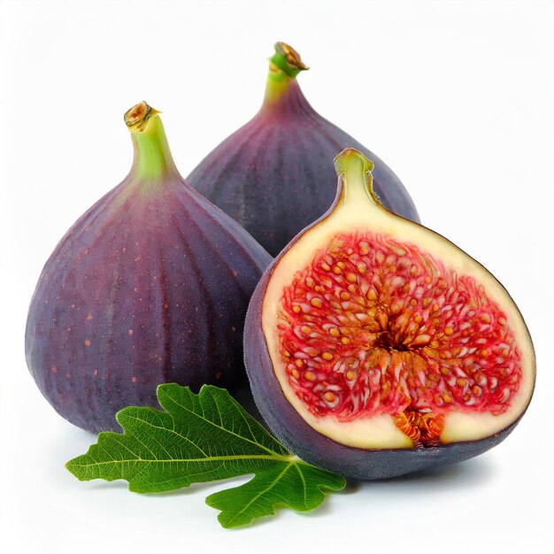 Fresh purple fig fruit and slices with leaf isolated on white background