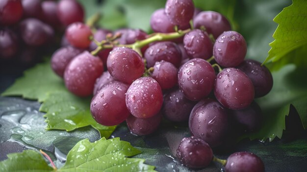 紫色のブドウと水の滴 豊かなブドウの葉 クローズアップ 自然で活気のある 食べ物と栄養のテーマに最適なAI