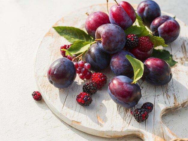 Fresh purple plums and blackberry on the wooden background