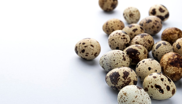 Fresh quail eggs isolated on white background with copy space for text