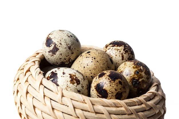 Fresh quail eggs at wooden plate closeup