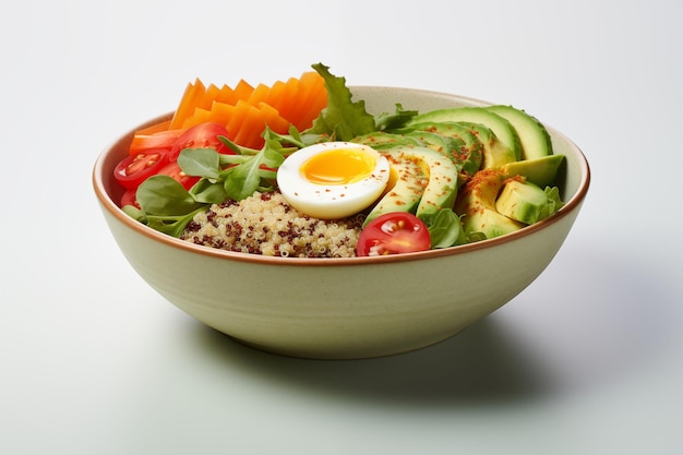 Fresh quinoa bowl with egg avocado tomatoes and carrot garnish