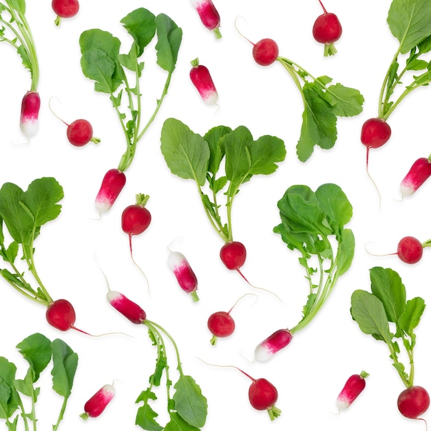 Fresh radish with leaves creative pattern on white background Healthy eating and dieting food concept Whole and sliced fresh radishes composition and design elements