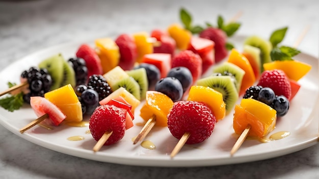 Fresh rainbow fruit skewers on white plate