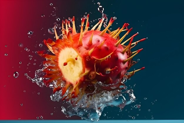 Foto rambutan fresco che vola con spruzzi d'acqua su sfondo di colore brillante