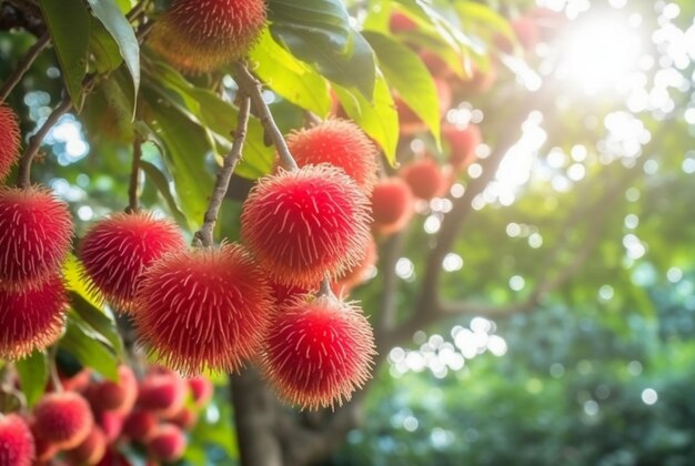 Photo fresh rambutan fruit on the tree generative ai