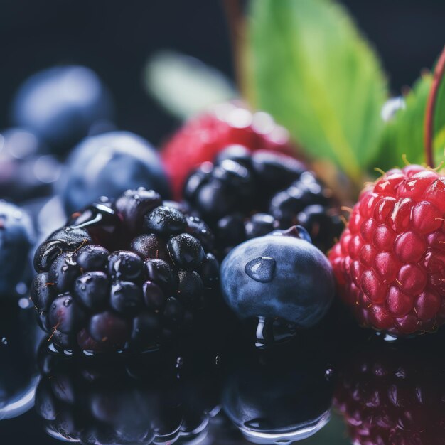 Fresh raspberries blueberries and blackberries on a black surface