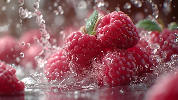 Fresh raspberries washed under a water splash closeup healthy eating juicy and ripe berries in dynamic motion AI