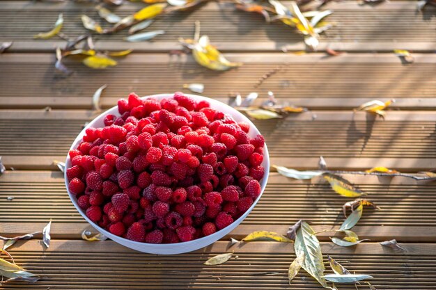 Fresh raspberries in a white bowl on the background of a wooden terrace and autumn leaves