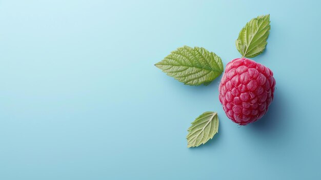 Fresh raspberries with green leaves on a blue background The image is welllit and has a clean crisp look