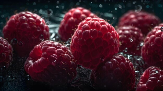 Fresh raspberries with water splashes and drops on black background