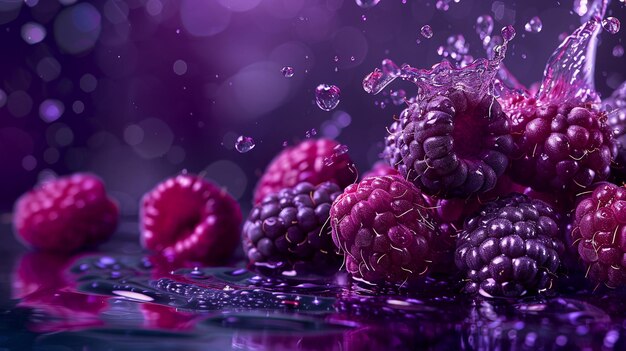 Fresh raspberry berries in splashes of water on a purple background